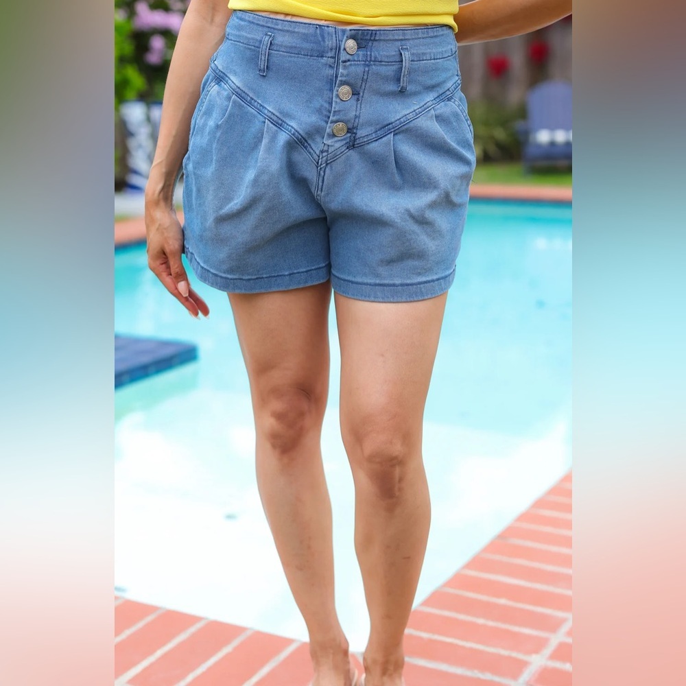 Faded Blue High Rise Pleated Button Down Denim Shorts